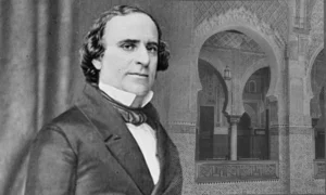 صورة مركبة تُظهر ديفيد ليفي يوليي، أول يهودي يُنتخب لمجلس الشيوخ الأمريكي، مع خلفية معمارية مغربية تقليدية تعكس أصوله المغربية.