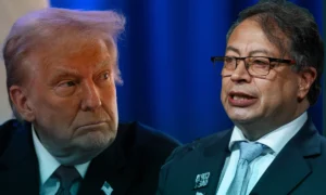 "صورة تجمع الرئيس الأمريكي السابق دونالد ترامب والرئيس الكولومبي غوستافو بيترو، تعكس توترًا سياسيًا واقتصاديًا بين الولايات المتحدة وكولومبيا."