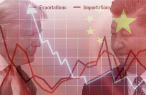 "الرئيس الصيني شي جين بينغ والرئيس الأمريكي دونالد ترامب مع خلفية رسوم بيانية تظهر زيادة في الصادرات الصينية وتغيرات في الواردات."