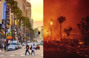 "مشهد مزدوج من مدينة لوس أنجليس يظهر الحياة اليومية مقابل حرائق الغابات."