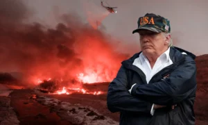 "صورة مركبة للرئيس الأميركي دونالد ترامب مرتدياً قبعة مكتوب عليها "USA" مع خلفية مشتعلة أثناء حرائق الغابات في كاليفورنيا."