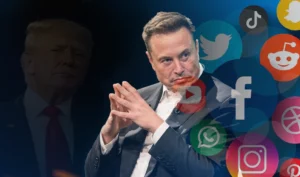 "إيلون ماسك والرئيس الأميركي السابق دونالد ترامب في خلفية مرتبطة بشعارات وسائل التواصل الاجتماعي مثل فيسبوك وتويتر ويوتيوب وواتساب."